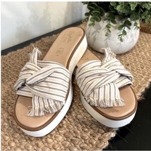 Seychelles Coast Slide Sandal Canvas White Tan Knotted Fringed Womens 8.5 Italy